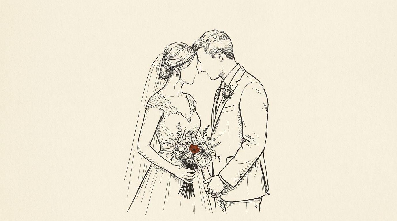 Illustration of a wedding couple in a tender embrace
