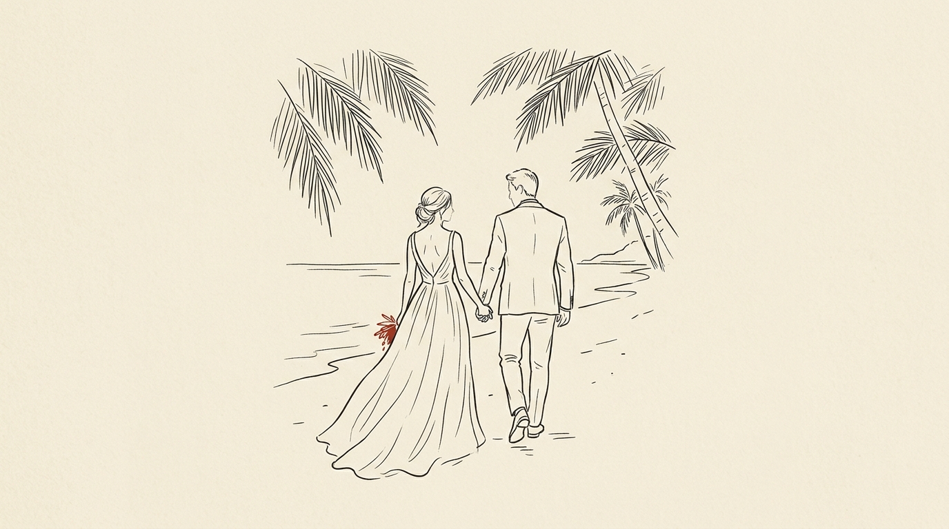 Illustration of a wedding couple walking along a palm-lined shore