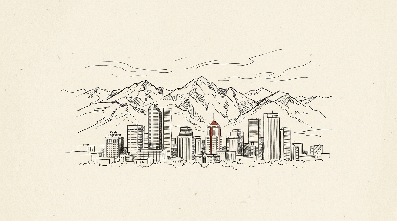 Illustration of the Denver skyline and Rocky Mountains
