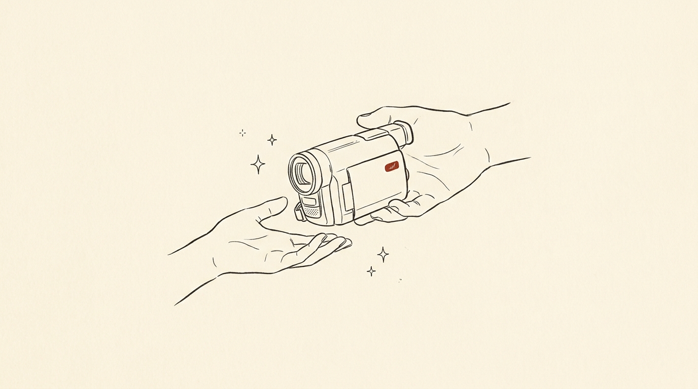 Pen-and-ink illustration of hands passing a camcorder