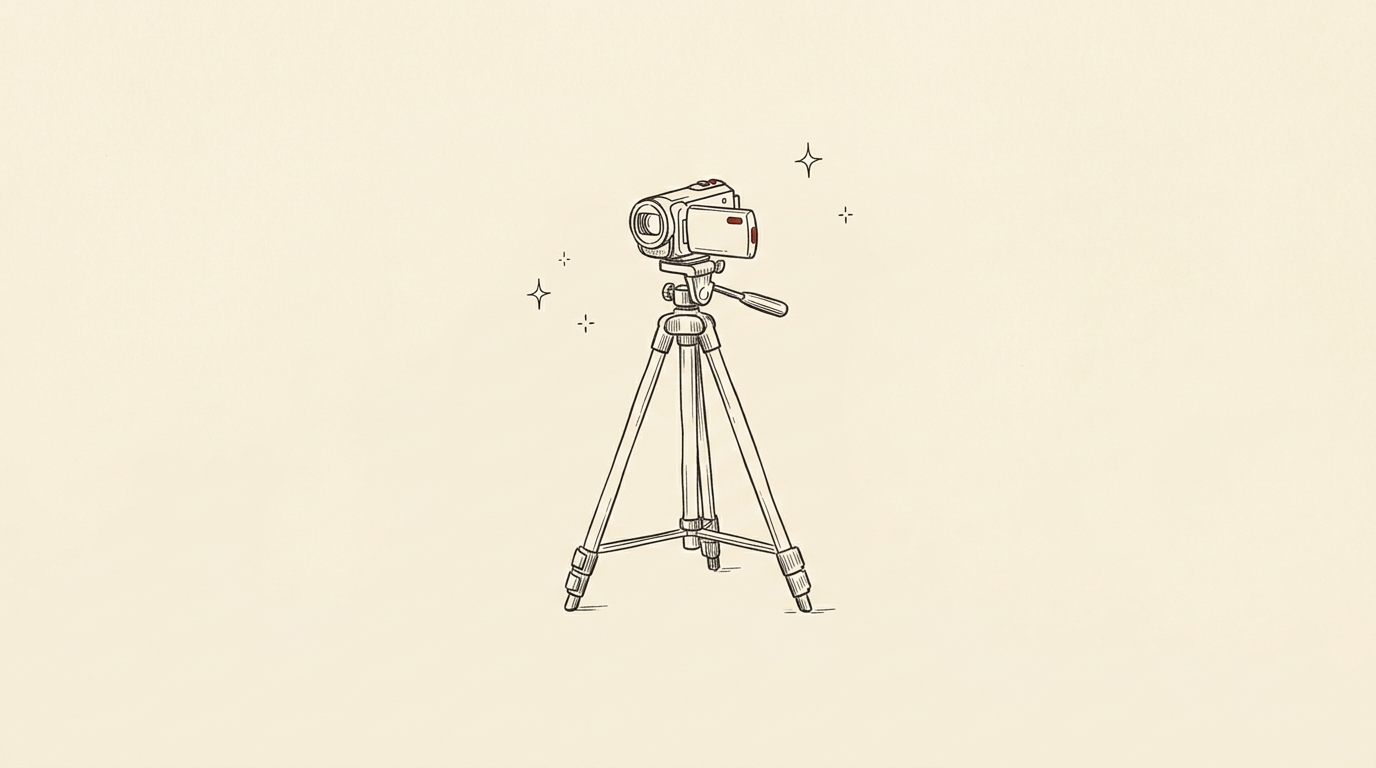 Pen-and-ink illustration of a camcorder on a tripod