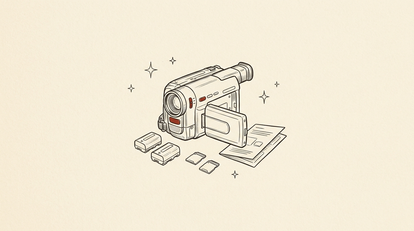Pen-and-ink illustration of a DIY wedding video kit: a handheld camcorder with batteries, SD cards and an instruction card