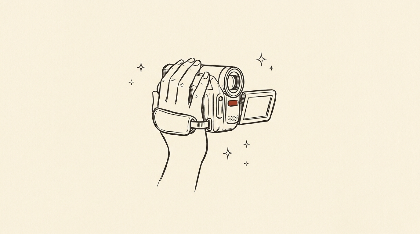 Pen-and-ink illustration of a hand holding a camcorder to film a wedding