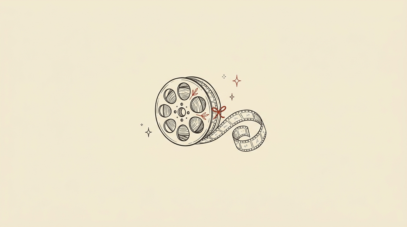 Pen-and-ink illustration of a film reel with film unspooling