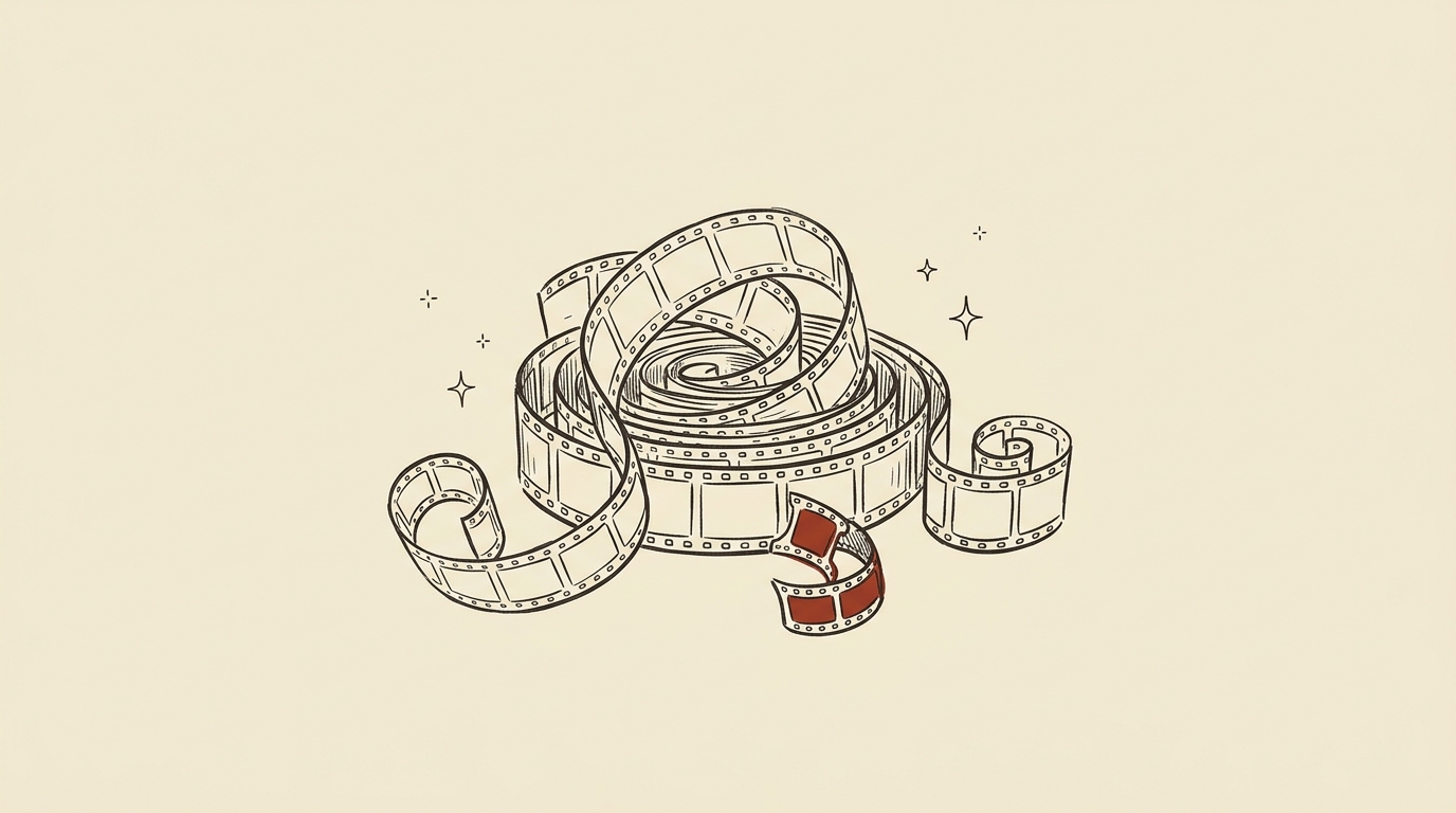 Pen-and-ink illustration of many film clips gathered into one reel