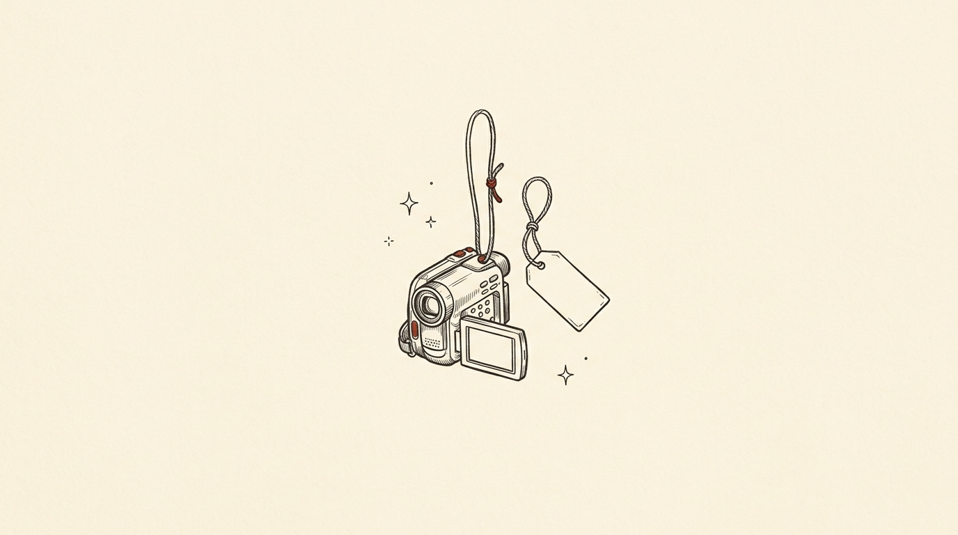 Pen-and-ink illustration of a blank price tag beside a small camcorder