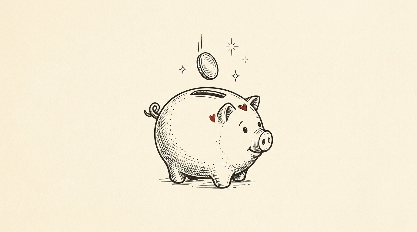 Pen-and-ink illustration of a piggy bank with a coin