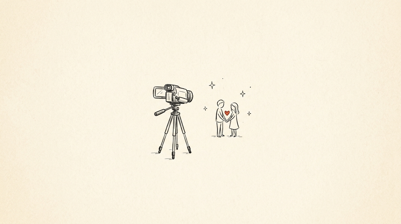 Pen-and-ink illustration of a camcorder on a tripod filming a couple