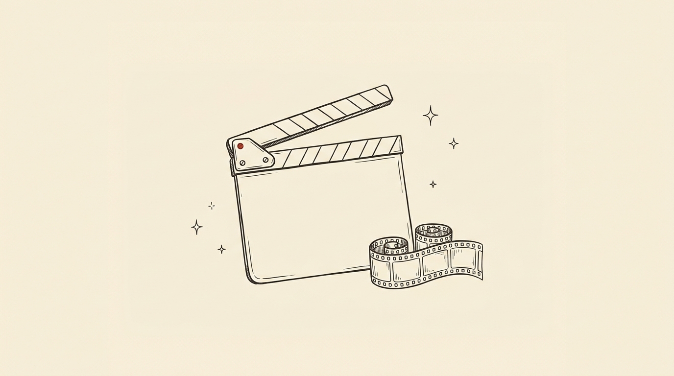Pen-and-ink illustration of a film clapperboard and a strip of film