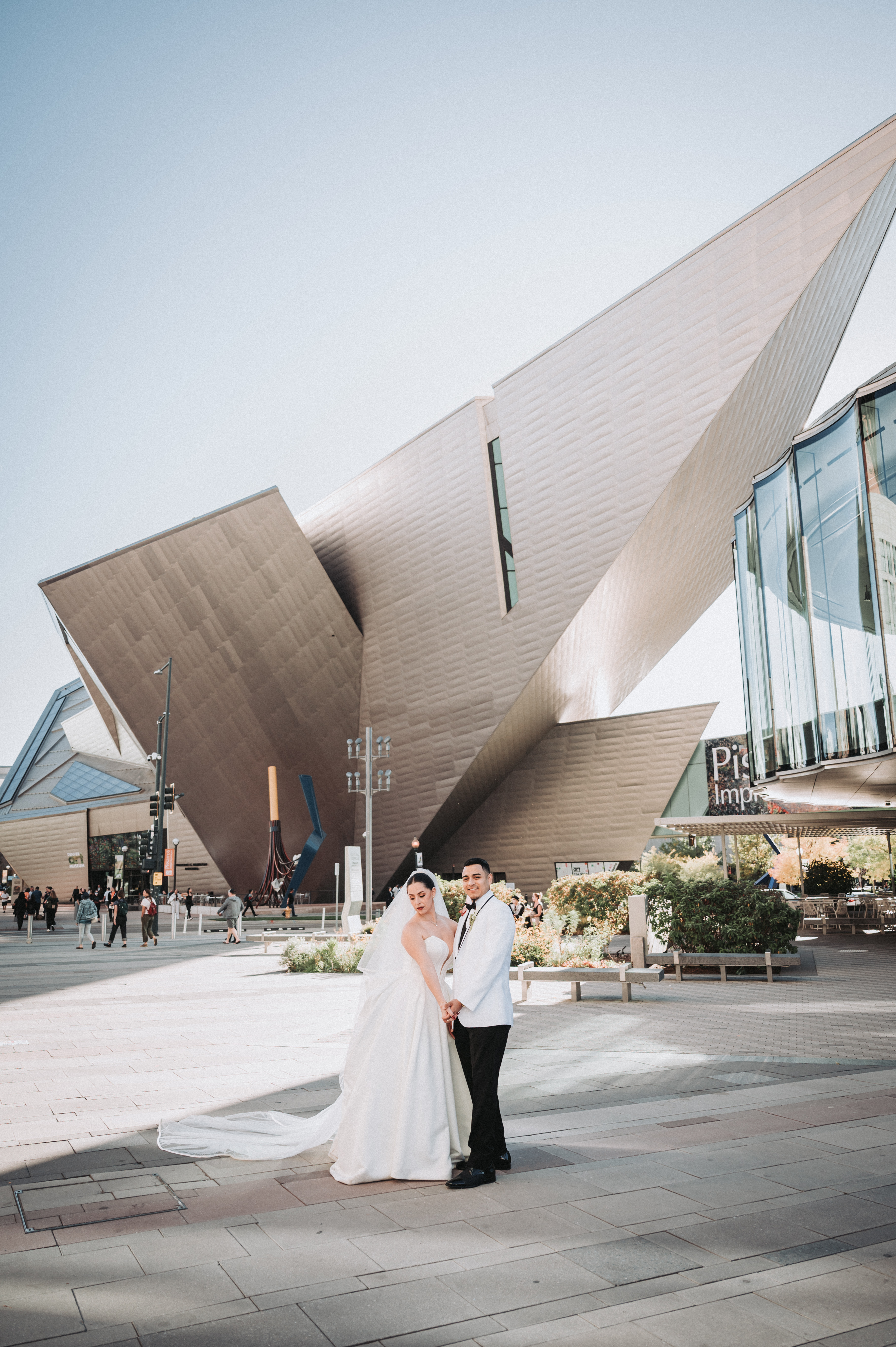 Night, under the lights at Moss Denver — Denver, Colorado wedding photography